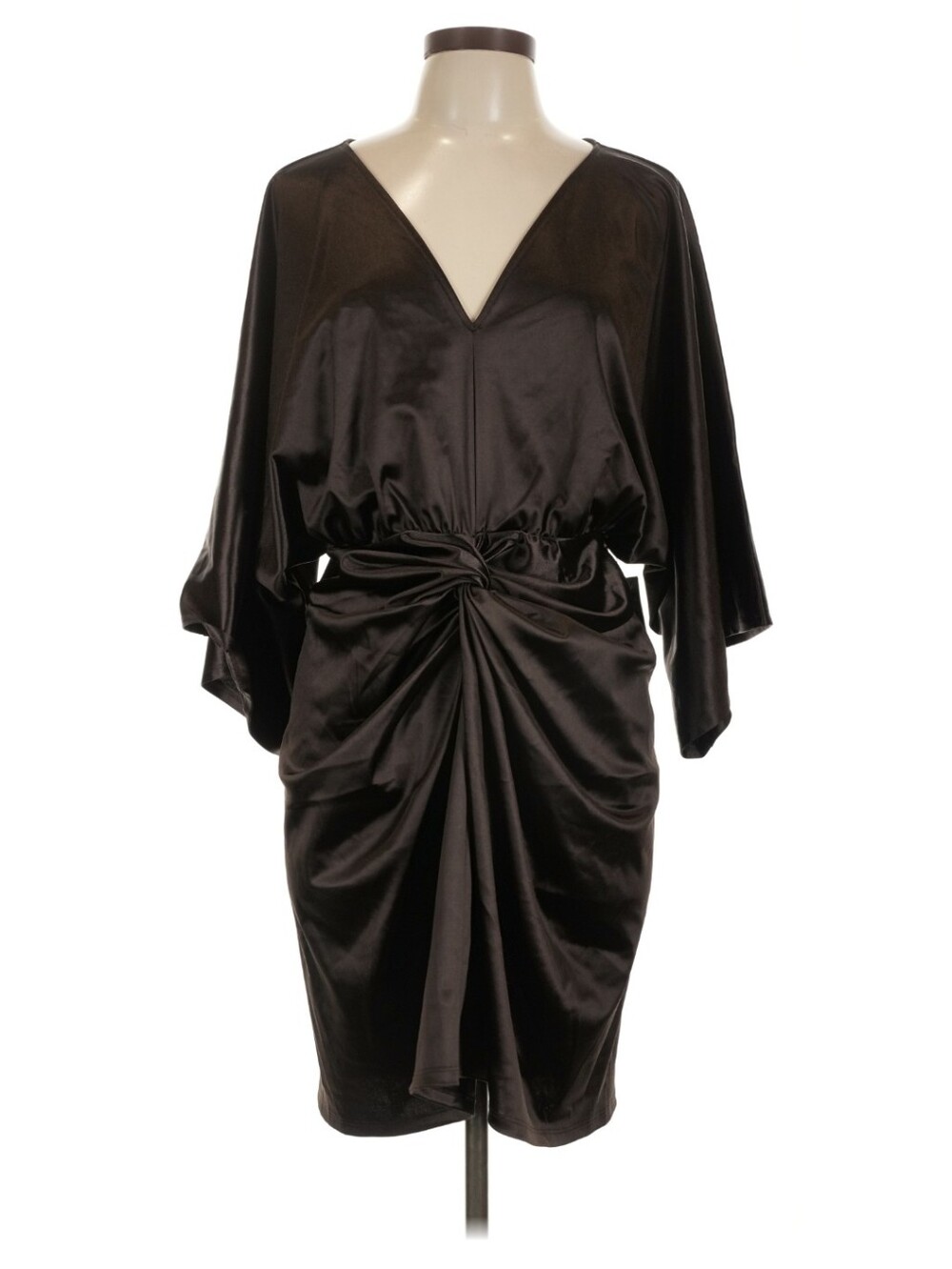 EXPRESS Satin Brown Midi Dress with Draped Knot Front Ruched Dress- Size Large